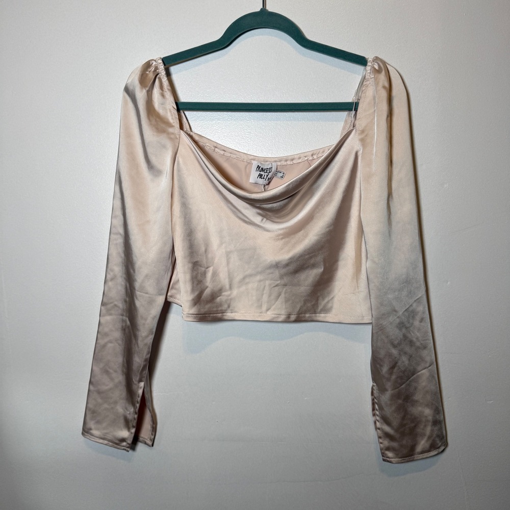 Princess Polly Love Song Top Champagne Satin Cowl Neck Crop Long Sleeve US 6 NWT